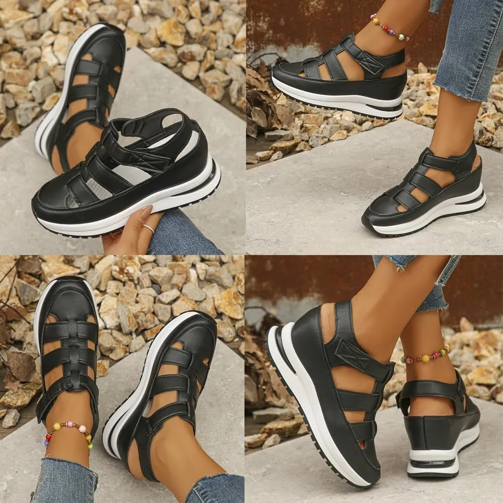 Women's Hollow Out Breathable Platform Wedge Sandals Sneakers,2025Womens Stylish Casual Closed Toe Sandal Adjustable Strap,Leather Comfortable Stylish Roman Sandals