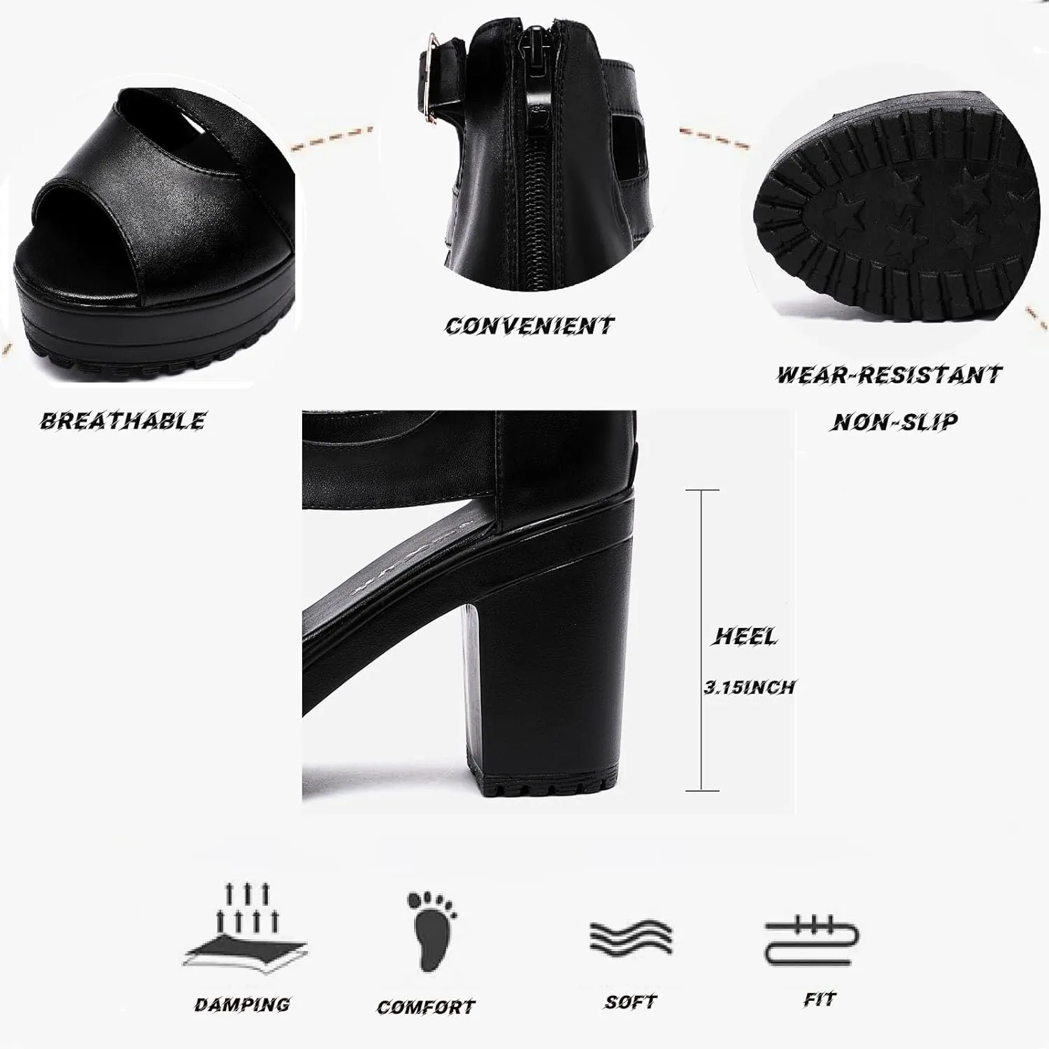 Women'S Hollow Out High Top Chunky Heel Roman Sandals Summer Breathable Fish Mouth Pointed Toe Adjustable Ankle Strap Anti-Slip Platform High Heels Sandals