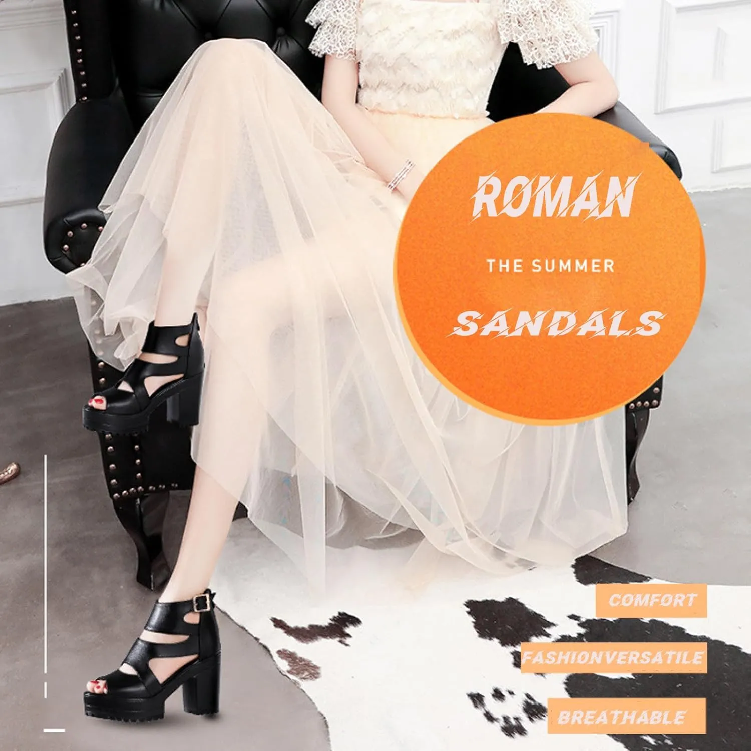 Women'S Hollow Out High Top Chunky Heel Roman Sandals Summer Breathable Fish Mouth Pointed Toe Adjustable Ankle Strap Anti-Slip Platform High Heels Sandals
