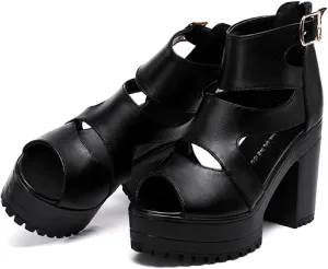 Women'S Hollow Out High Top Chunky Heel Roman Sandals Summer Breathable Fish Mouth Pointed Toe Adjustable Ankle Strap Anti-Slip Platform High Heels Sandals