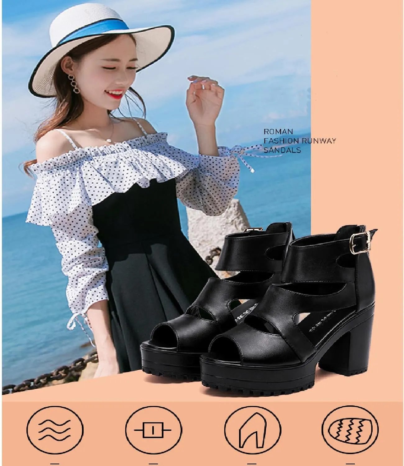Women'S Hollow Out High Top Chunky Heel Roman Sandals Summer Breathable Fish Mouth Pointed Toe Adjustable Ankle Strap Anti-Slip Platform High Heels Sandals