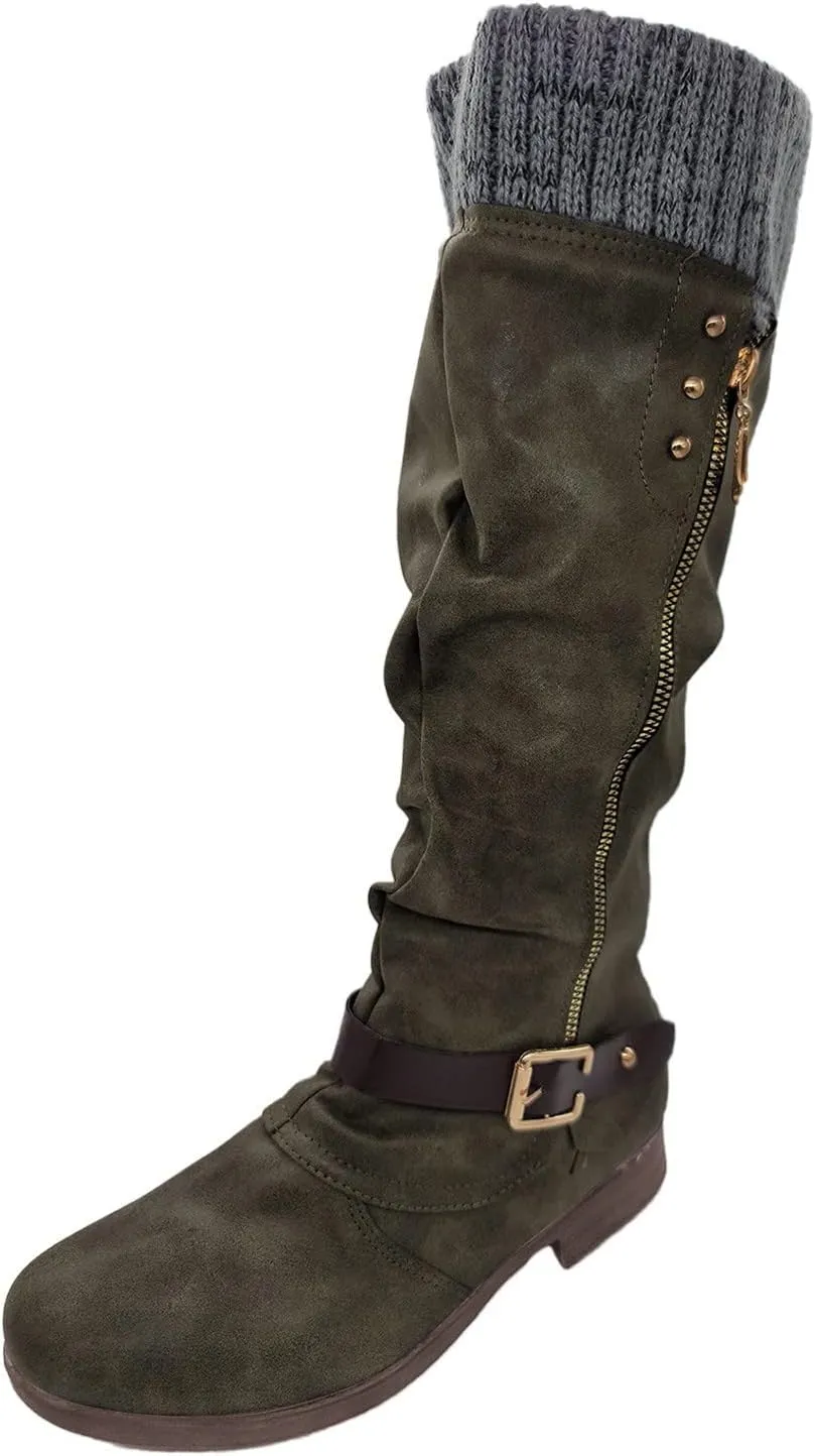 Womens Knee High Boots Low Heel,Warm Knitted Snow Boots Slouchy Round Toe Military Boots with Zip Wide Calf Booties