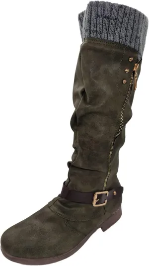 Womens Knee High Boots Low Heel,Warm Knitted Snow Boots Slouchy Round Toe Military Boots with Zip Wide Calf Booties