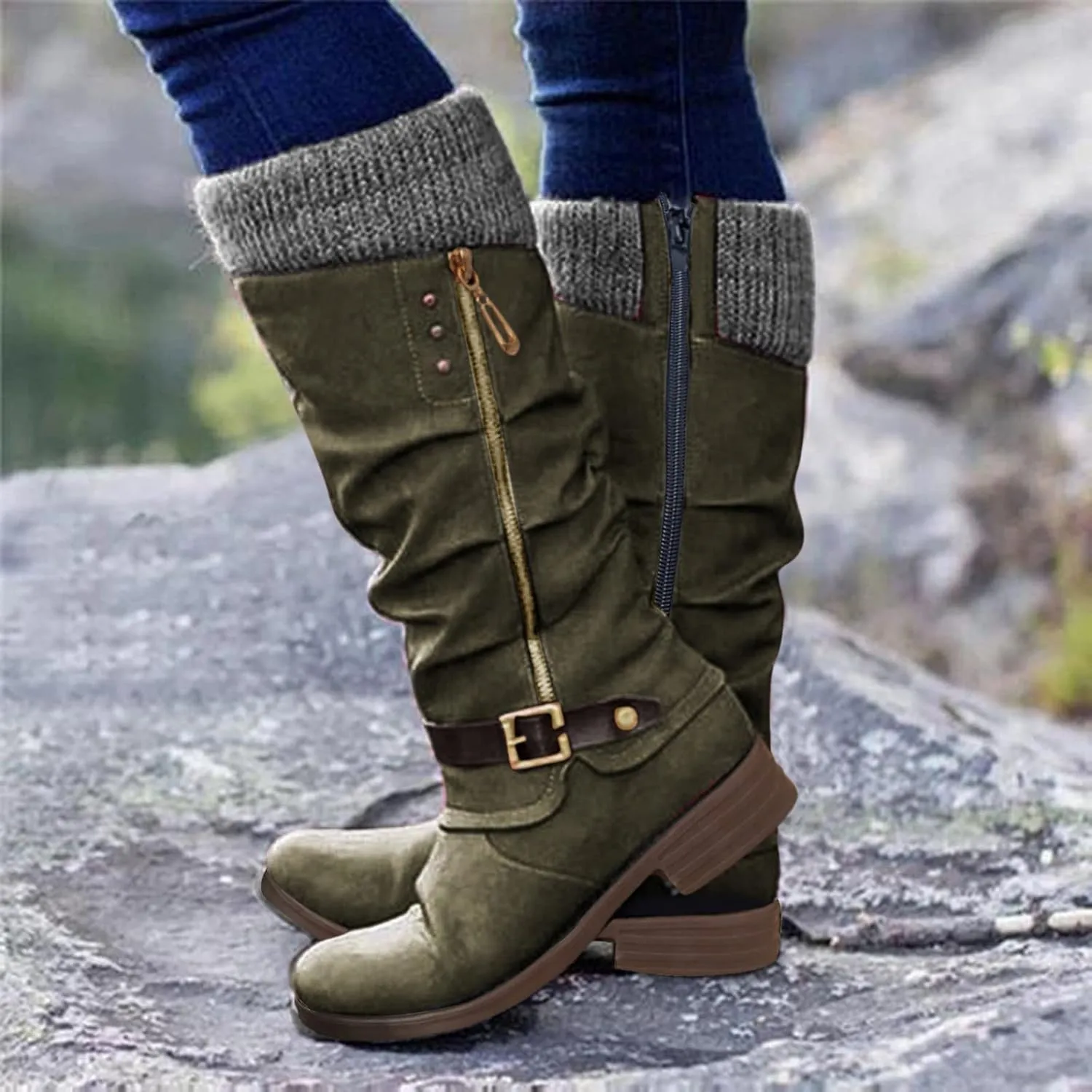 Womens Knee High Boots Low Heel,Warm Knitted Snow Boots Slouchy Round Toe Military Boots with Zip Wide Calf Booties