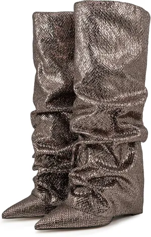 Women's Knee-High Boots Metallic Crocodile Pattern Super High Wedge Heel Stiletto Slouchy Tall Autumn/Winter Fashion Party Office Work Wear