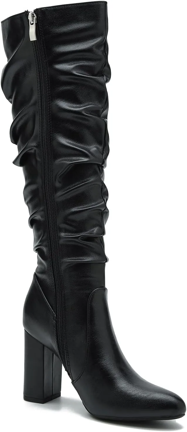 Women's Knee High Boots Sexy Pointed Toe Block Chunky High Heel Boots Side Zipper Pleated Leather Long Boots