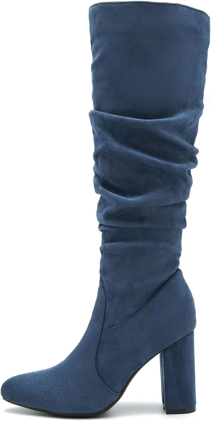 Women's Knee High Boots Sexy Pointed Toe Block Chunky High Heel Boots Side Zipper Pleated Leather Long Boots