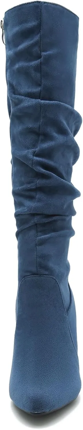 Women's Knee High Boots Sexy Pointed Toe Block Chunky High Heel Boots Side Zipper Pleated Leather Long Boots