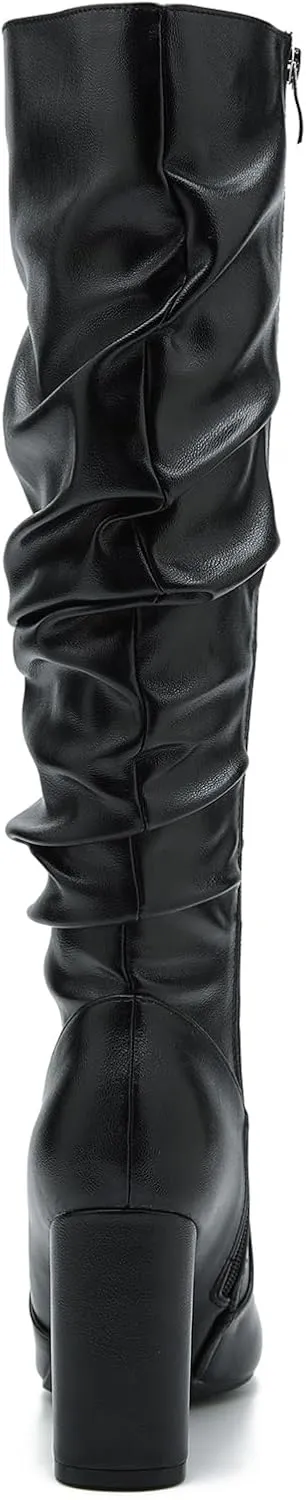 Women's Knee High Boots Sexy Pointed Toe Block Chunky High Heel Boots Side Zipper Pleated Leather Long Boots