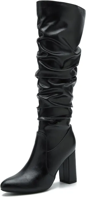 Women's Knee High Boots Sexy Pointed Toe Block Chunky High Heel Boots Side Zipper Pleated Leather Long Boots