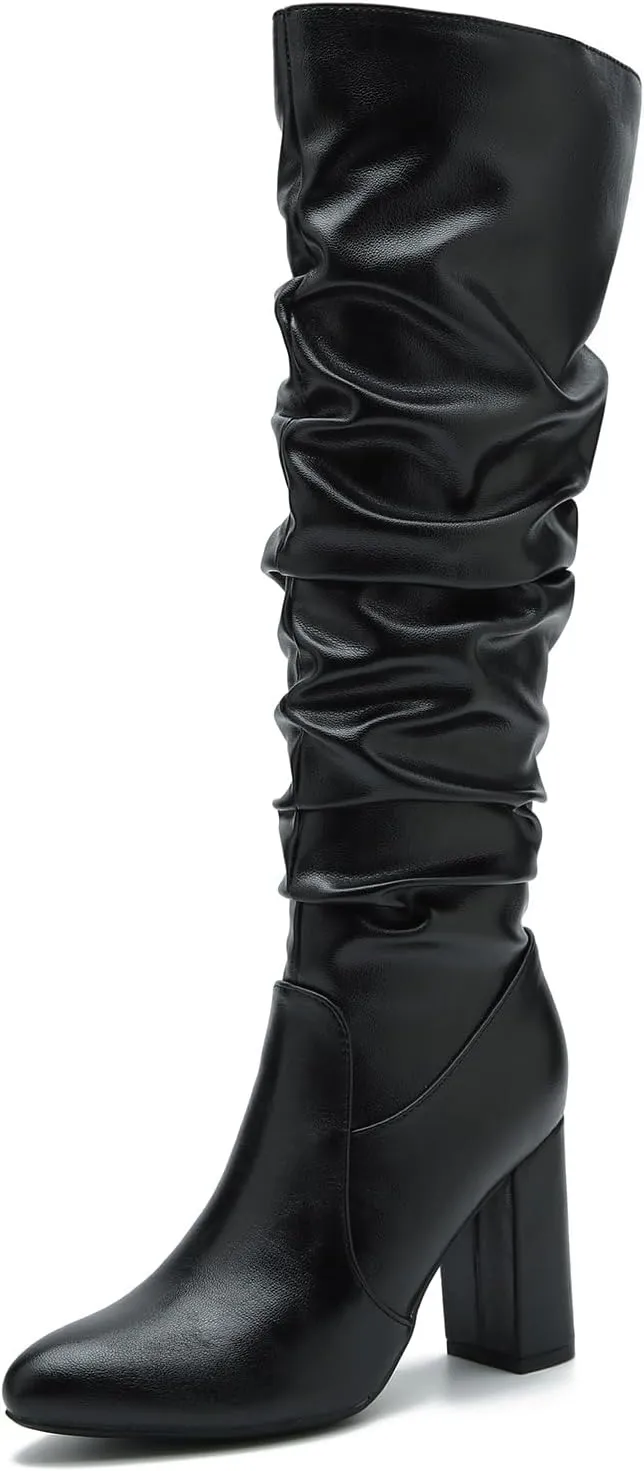 Women's Knee High Boots Sexy Pointed Toe Block Chunky High Heel Boots Side Zipper Pleated Leather Long Boots