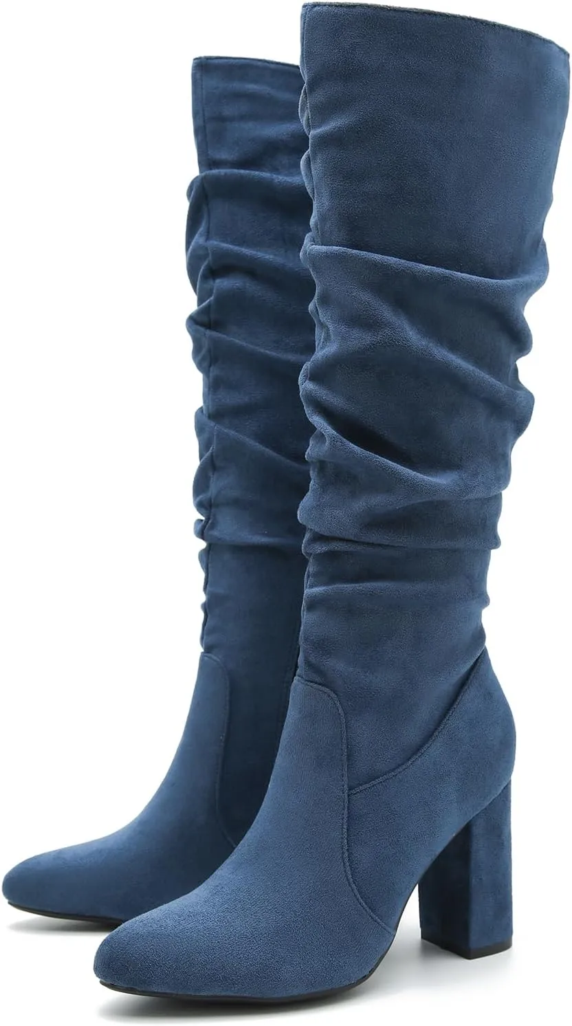 Women's Knee High Boots Sexy Pointed Toe Block Chunky High Heel Boots Side Zipper Pleated Leather Long Boots