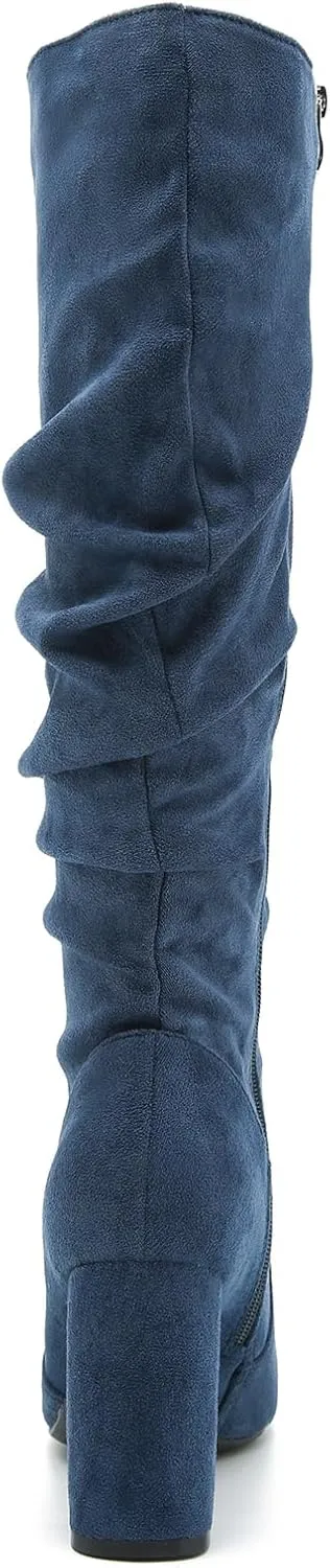 Women's Knee High Boots Sexy Pointed Toe Block Chunky High Heel Boots Side Zipper Pleated Leather Long Boots