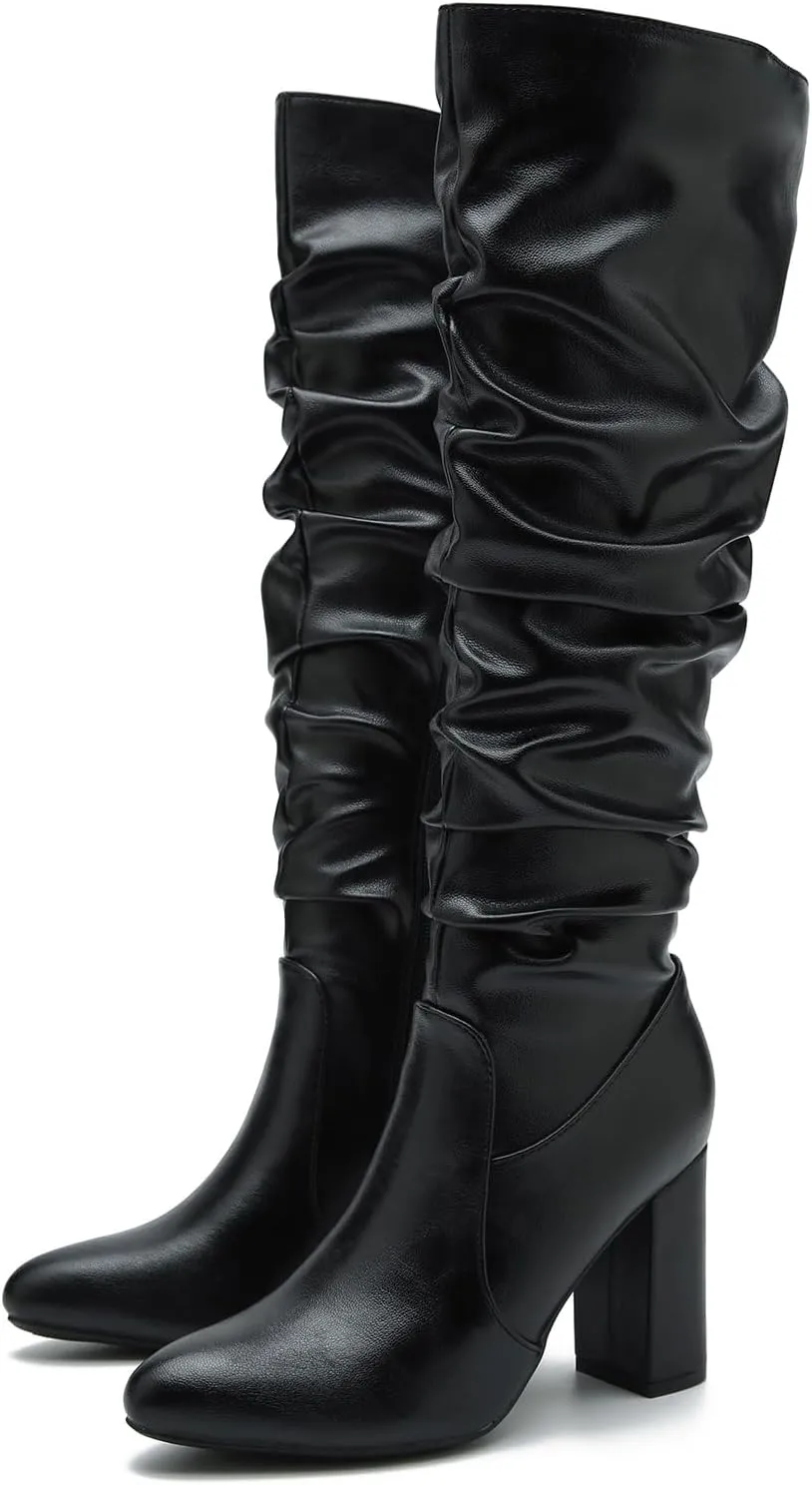 Women's Knee High Boots Sexy Pointed Toe Block Chunky High Heel Boots Side Zipper Pleated Leather Long Boots