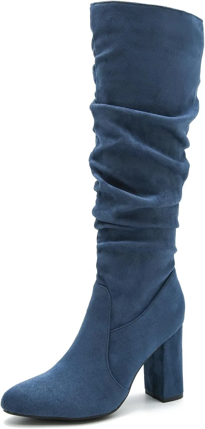 Women's Knee High Boots Sexy Pointed Toe Block Chunky High Heel Boots Side Zipper Pleated Leather Long Boots