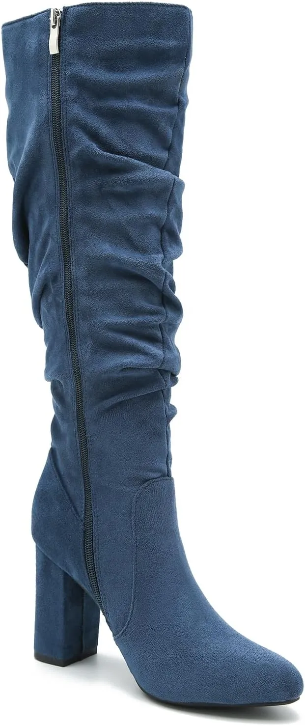 Women's Knee High Boots Sexy Pointed Toe Block Chunky High Heel Boots Side Zipper Pleated Leather Long Boots