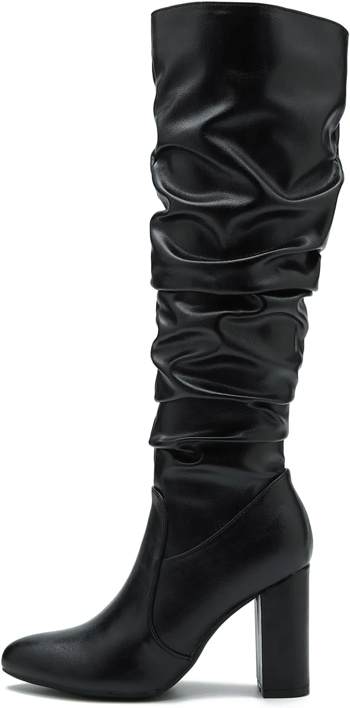 Women's Knee High Boots Sexy Pointed Toe Block Chunky High Heel Boots Side Zipper Pleated Leather Long Boots