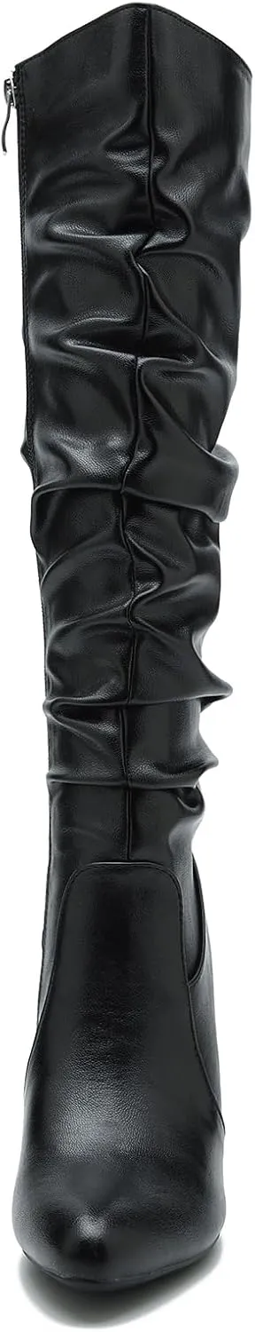 Women's Knee High Boots Sexy Pointed Toe Block Chunky High Heel Boots Side Zipper Pleated Leather Long Boots