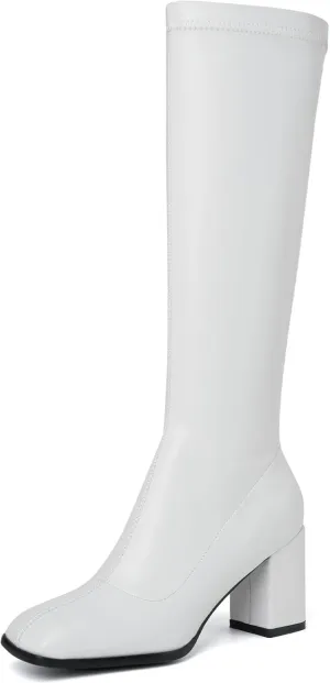 Women's Knee High Boots Square Toe Gogo Boots Long Chunky Heel Boots Fashion Tall Go Go Boots For Women