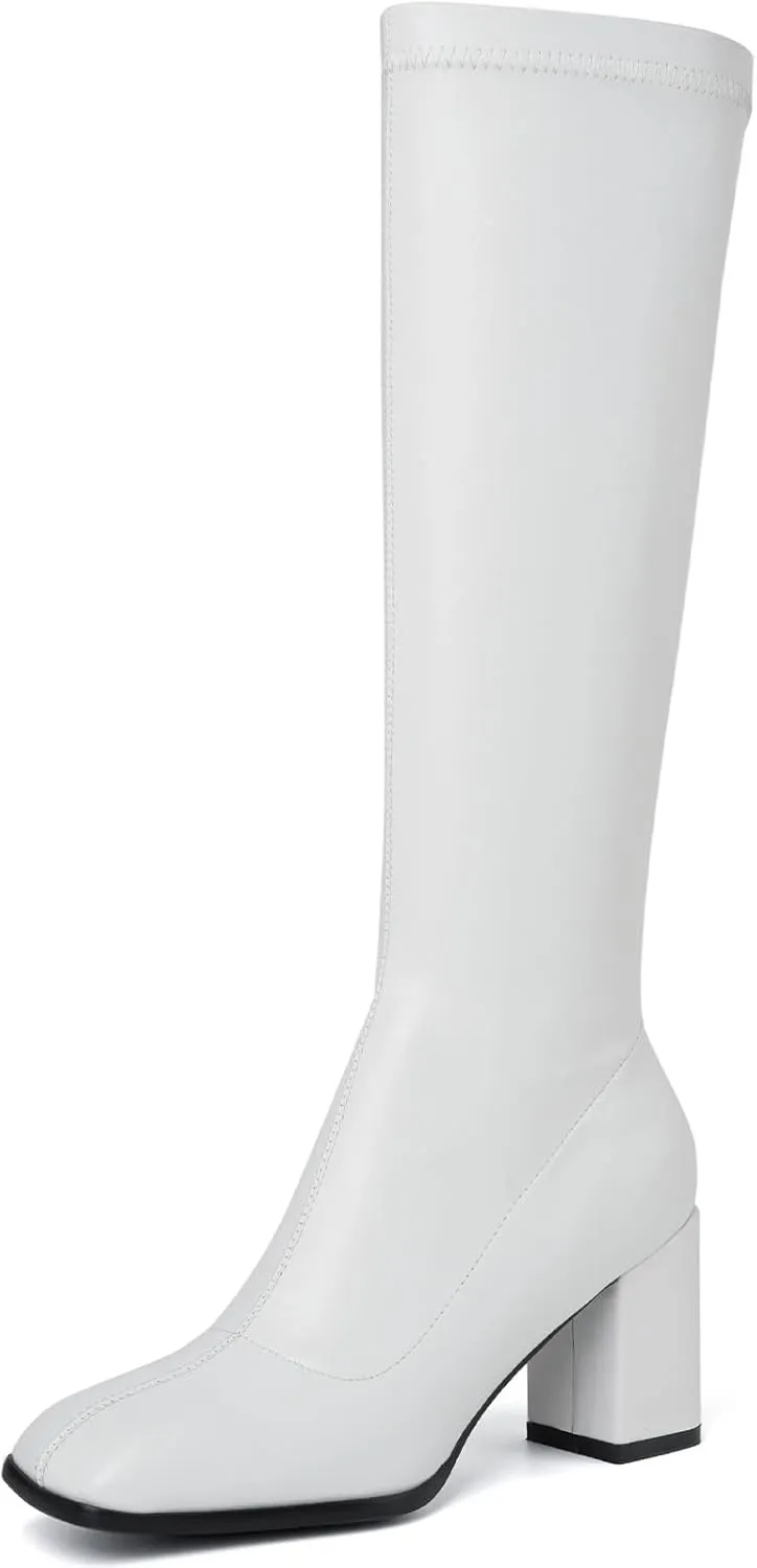 Women's Knee High Boots Square Toe Gogo Boots Long Chunky Heel Boots Fashion Tall Go Go Boots For Women