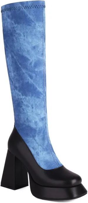 Women's Knee-High Gradient Blue Boots,High Heels Boots with Side Zipper,Tall Boots with Round Toe for Walking and Parties
