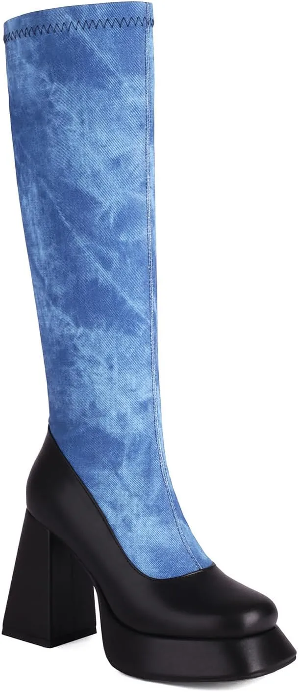 Women's Knee-High Gradient Blue Boots,High Heels Boots with Side Zipper,Tall Boots with Round Toe for Walking and Parties