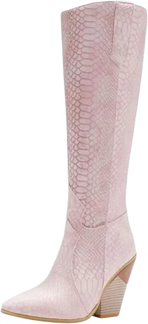 Womens Knee High Snakeskin Boots - Sexy Snake Print Pointed Toe Side Zipper Chunky High Heel Long Boots Casual Trendy Ladies Stack Heels Shoes