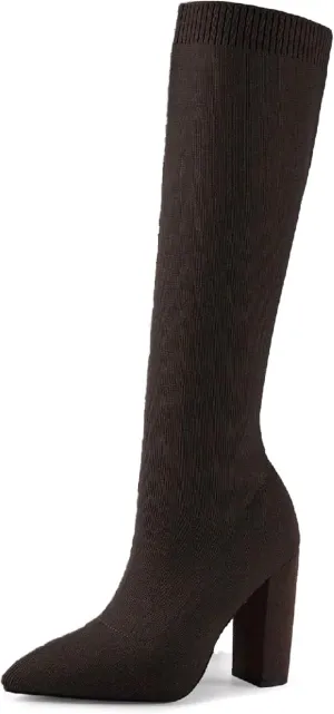 Women's Knee High Stretch Knit Chunky Heel Non-Slip Boots