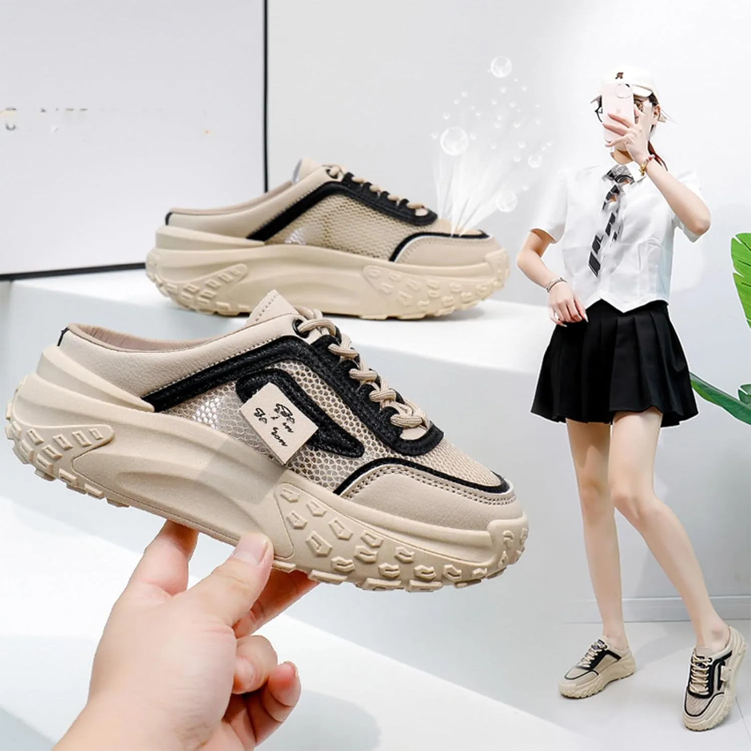 Women's Knitted Breathable Mesh Platform Thick Sole Mule Sneakers Classic Lace-Up Orthopedic Slip-On Slingback Loafers Slippers Summer Comfortable Casual Walking Shoes