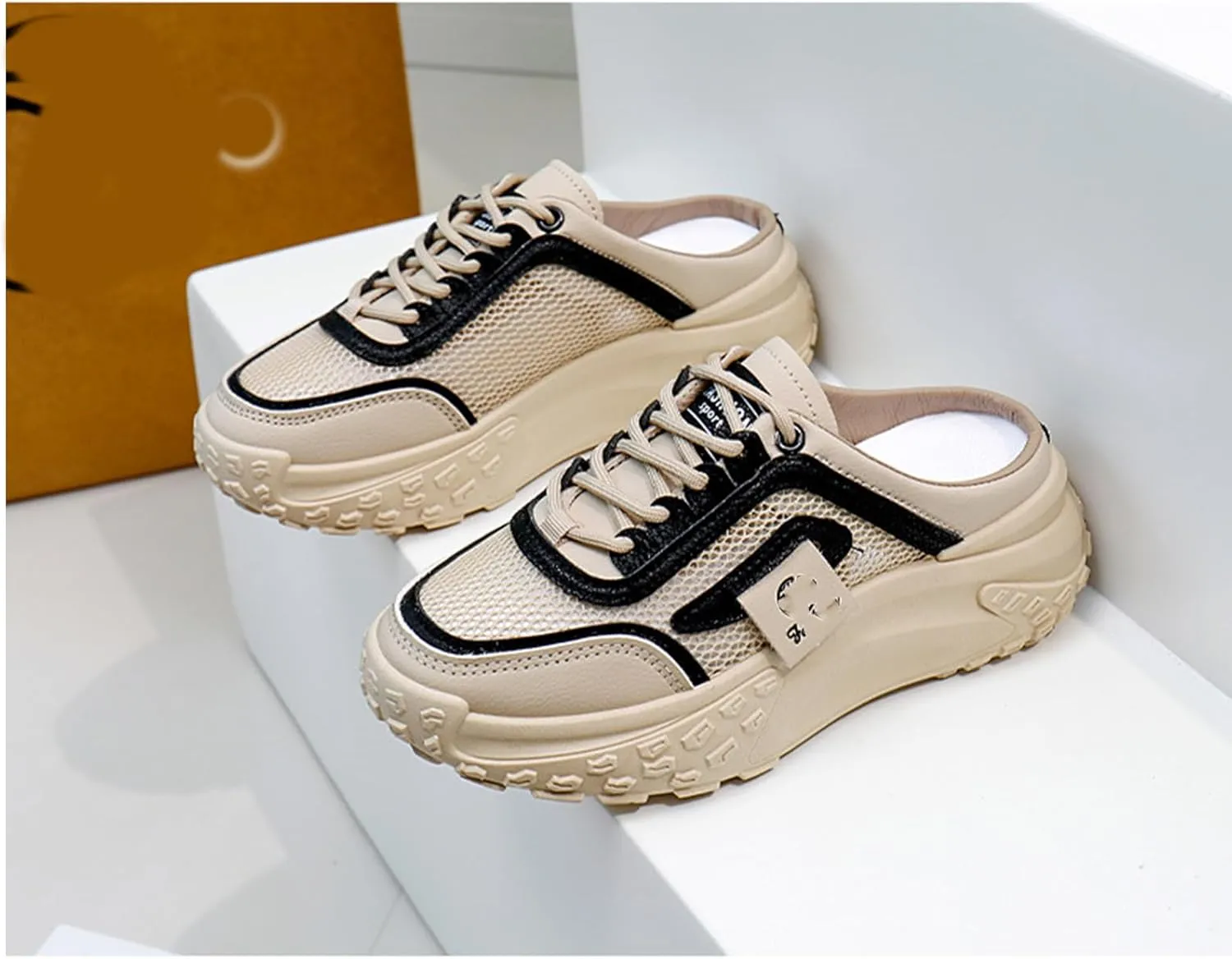 Women's Knitted Breathable Mesh Platform Thick Sole Mule Sneakers Classic Lace-Up Orthopedic Slip-On Slingback Loafers Slippers Summer Comfortable Casual Walking Shoes
