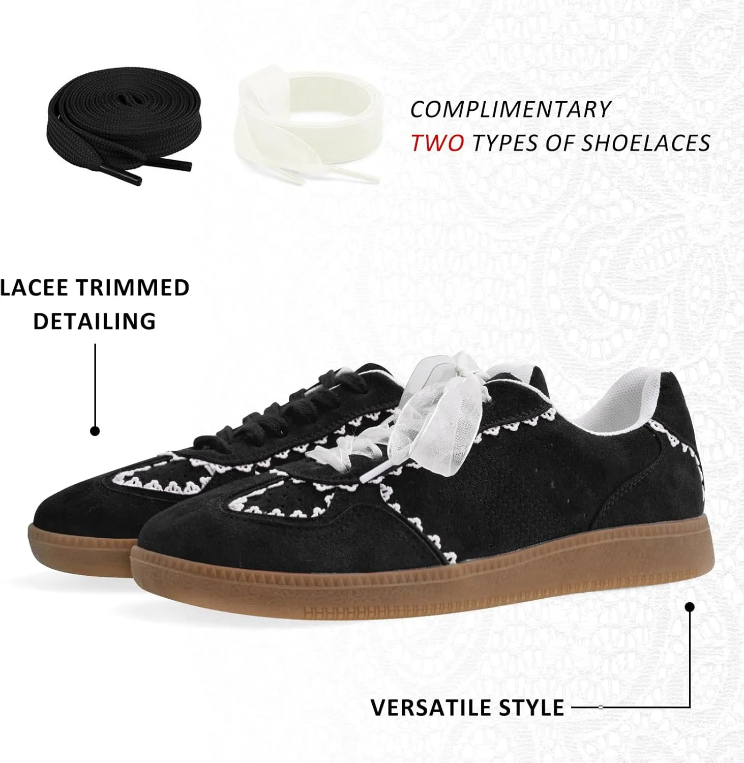 Women's Lace Detail Lace-Up Casual Sneakers - Elegant Ribbon Ribbon Lace Walking Shoes Non-Slip Sole Breathable Comfort for Daily Outfits