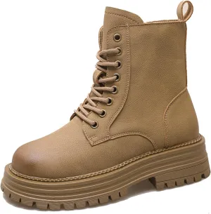 Women's Leather Platform Ankle Boots Classic Round Toe Lace Up chunky heel Lug Sole Combat Boots with Side Zipper