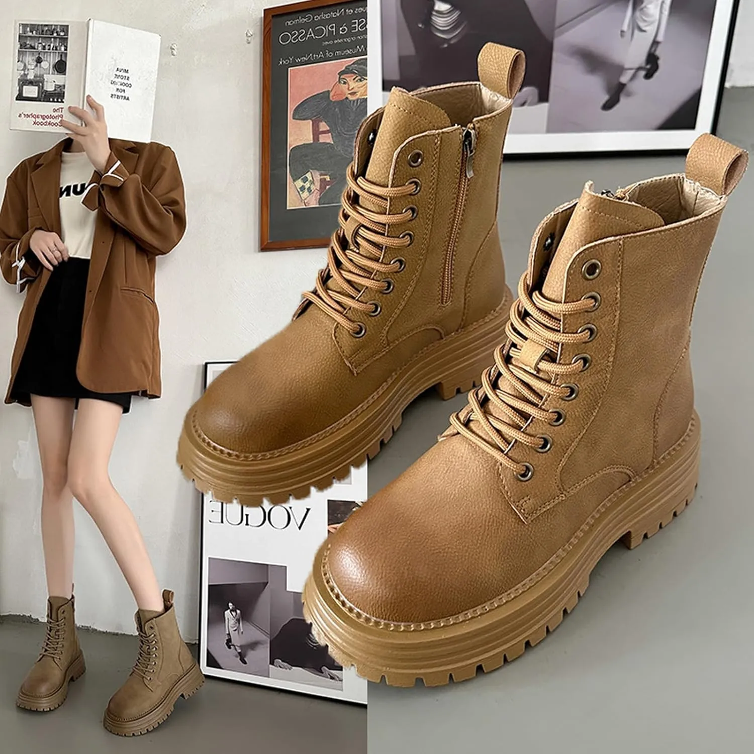 Women's Leather Platform Ankle Boots Classic Round Toe Lace Up chunky heel Lug Sole Combat Boots with Side Zipper