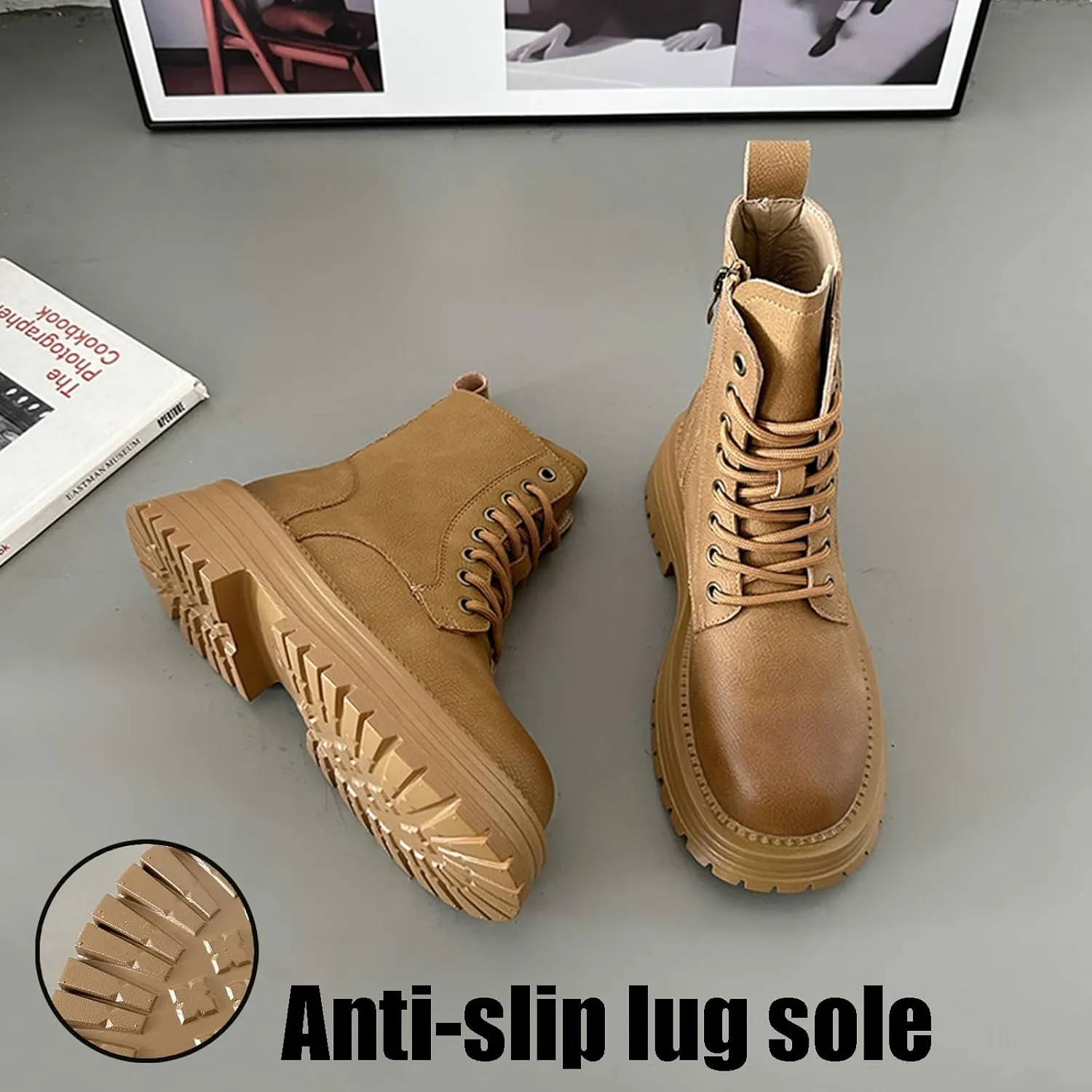 Women's Leather Platform Ankle Boots Classic Round Toe Lace Up chunky heel Lug Sole Combat Boots with Side Zipper