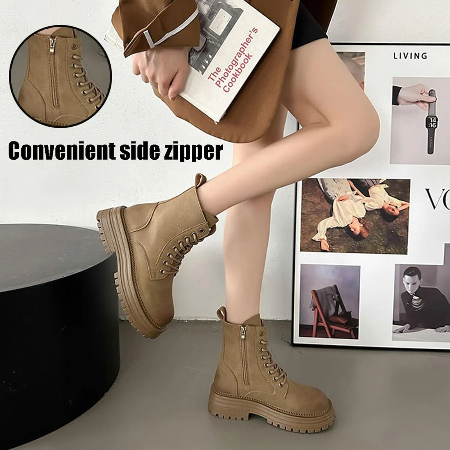 Women's Leather Platform Ankle Boots Classic Round Toe Lace Up chunky heel Lug Sole Combat Boots with Side Zipper