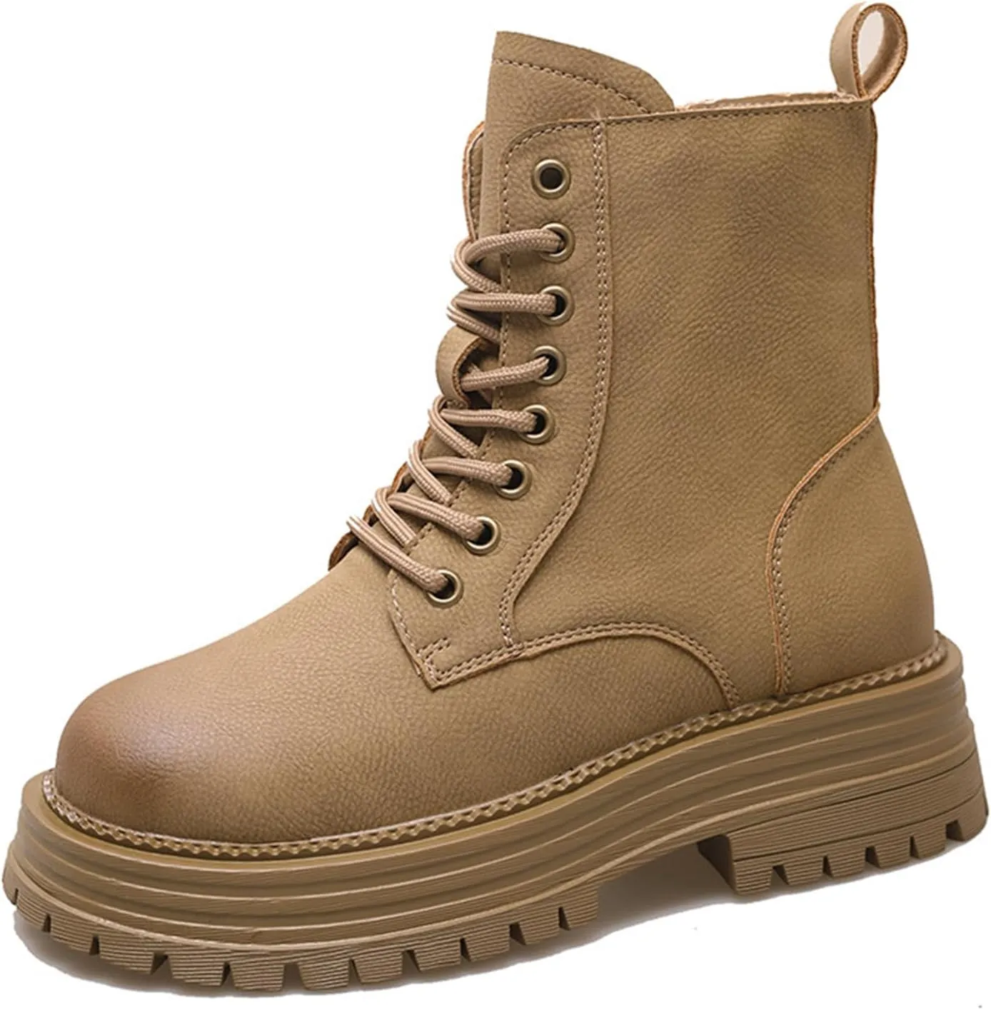 Women's Leather Platform Ankle Boots Classic Round Toe Lace Up chunky heel Lug Sole Combat Boots with Side Zipper