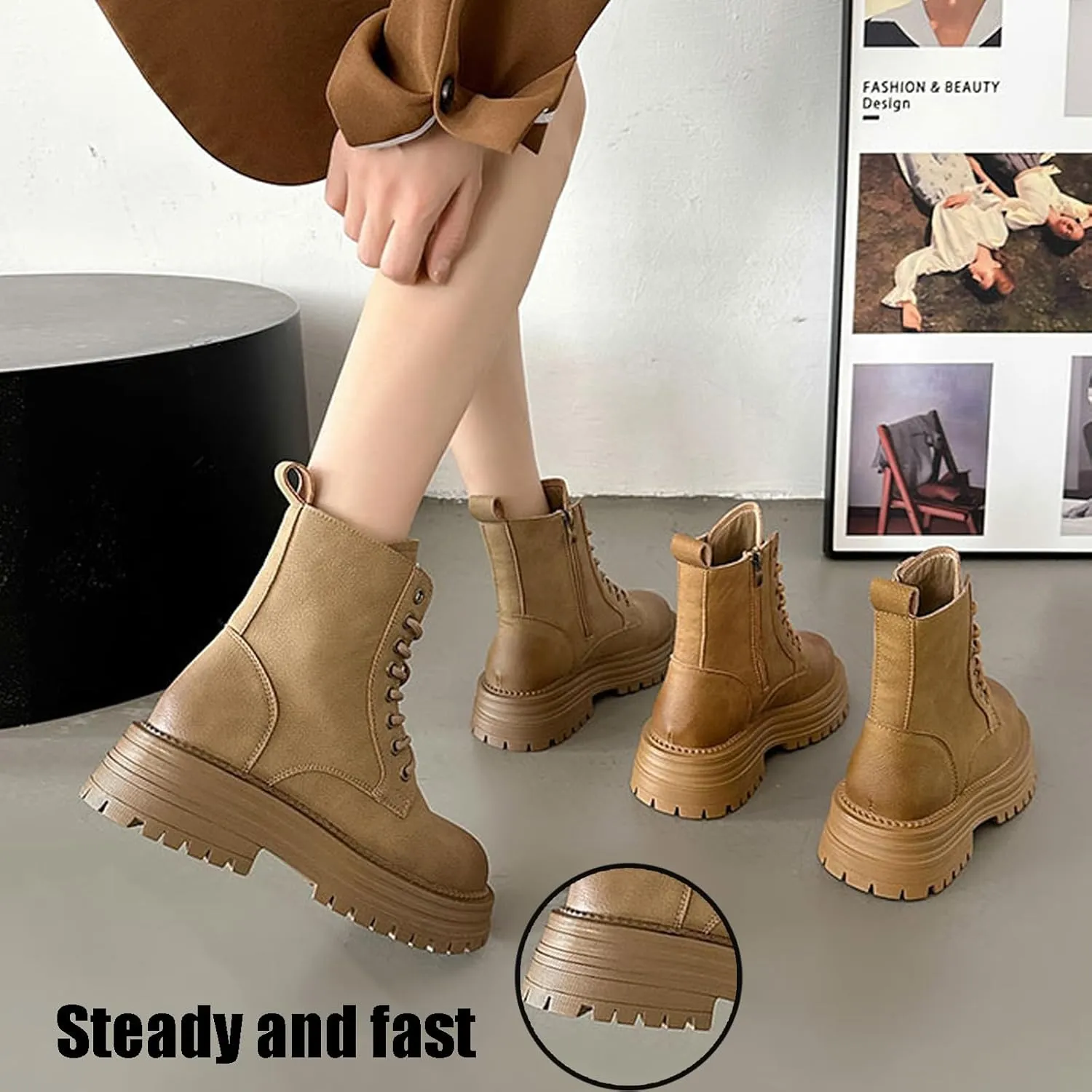 Women's Leather Platform Ankle Boots Classic Round Toe Lace Up chunky heel Lug Sole Combat Boots with Side Zipper