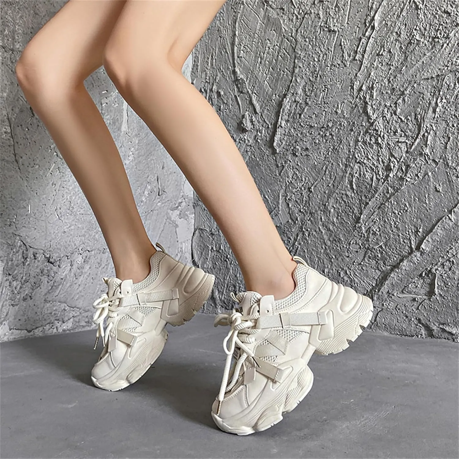 Womens Leather Platform Chunky Heels Sneakers Casual Breathable Lace Up Walking Dad Shoes Comfortable Fashion Sneakers