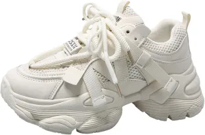 Womens Leather Platform Chunky Heels Sneakers Casual Breathable Lace Up Walking Dad Shoes Comfortable Fashion Sneakers