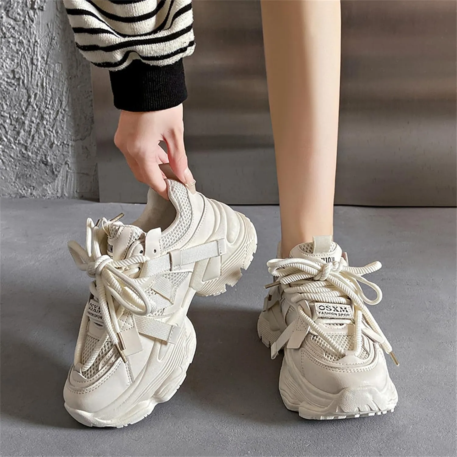 Womens Leather Platform Chunky Heels Sneakers Casual Breathable Lace Up Walking Dad Shoes Comfortable Fashion Sneakers