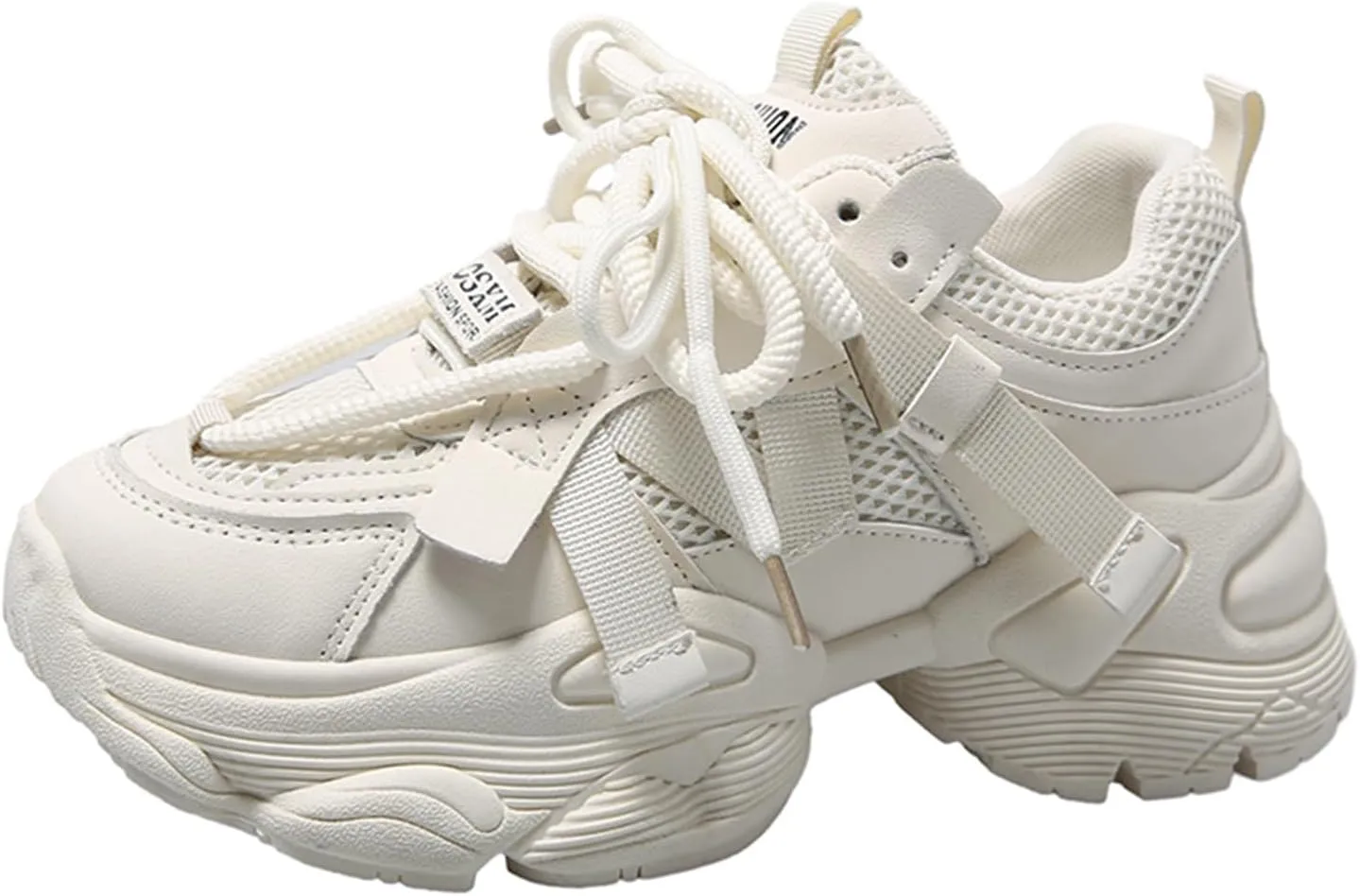 Womens Leather Platform Chunky Heels Sneakers Casual Breathable Lace Up Walking Dad Shoes Comfortable Fashion Sneakers