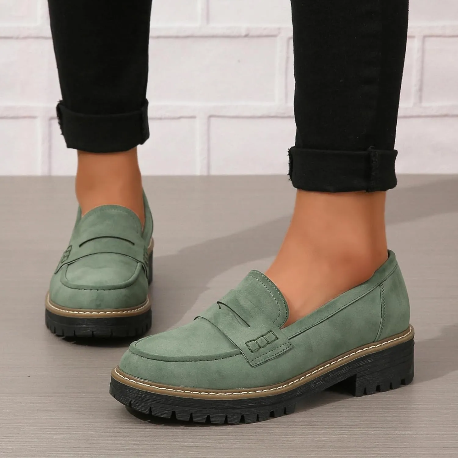 Womens Loafers Slip On Casual Chunky Platform Heel Loafers Classic Penny Dressy Comfy Business Work Shoes Green Beige Black Red US5-11