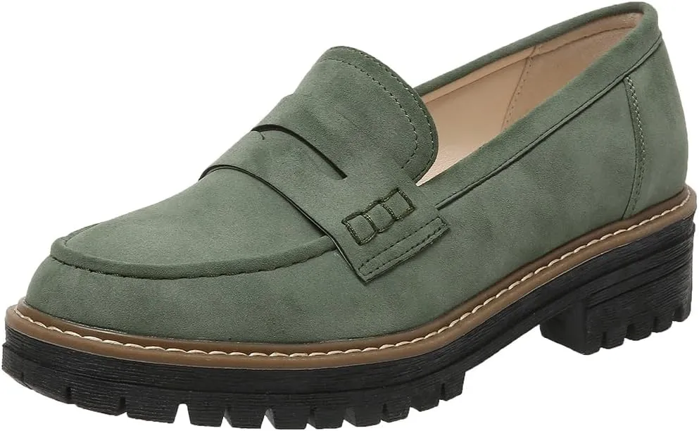 Womens Loafers Slip On Casual Chunky Platform Heel Loafers Classic Penny Dressy Comfy Business Work Shoes Green Beige Black Red US5-11