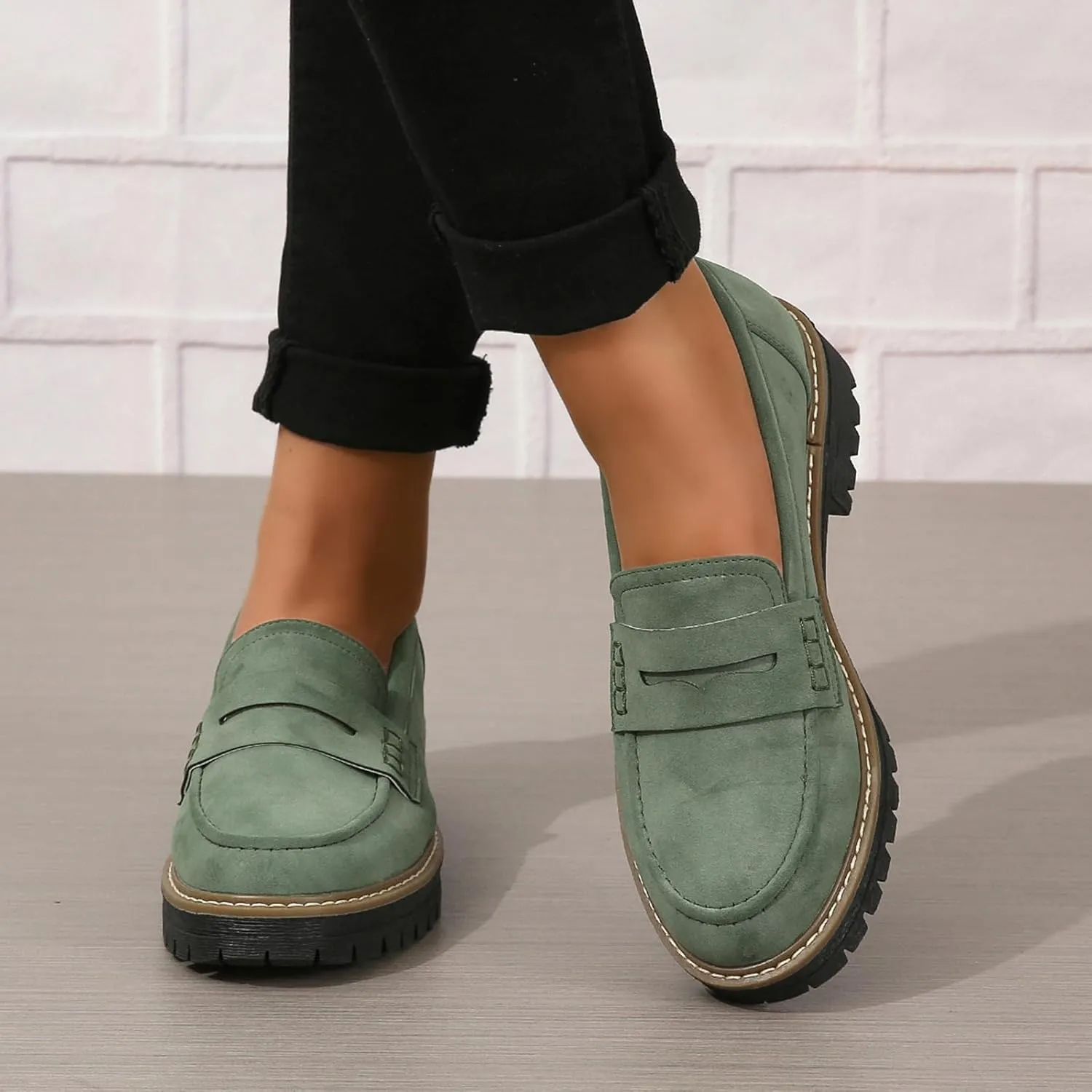 Womens Loafers Slip On Casual Chunky Platform Heel Loafers Classic Penny Dressy Comfy Business Work Shoes Green Beige Black Red US5-11