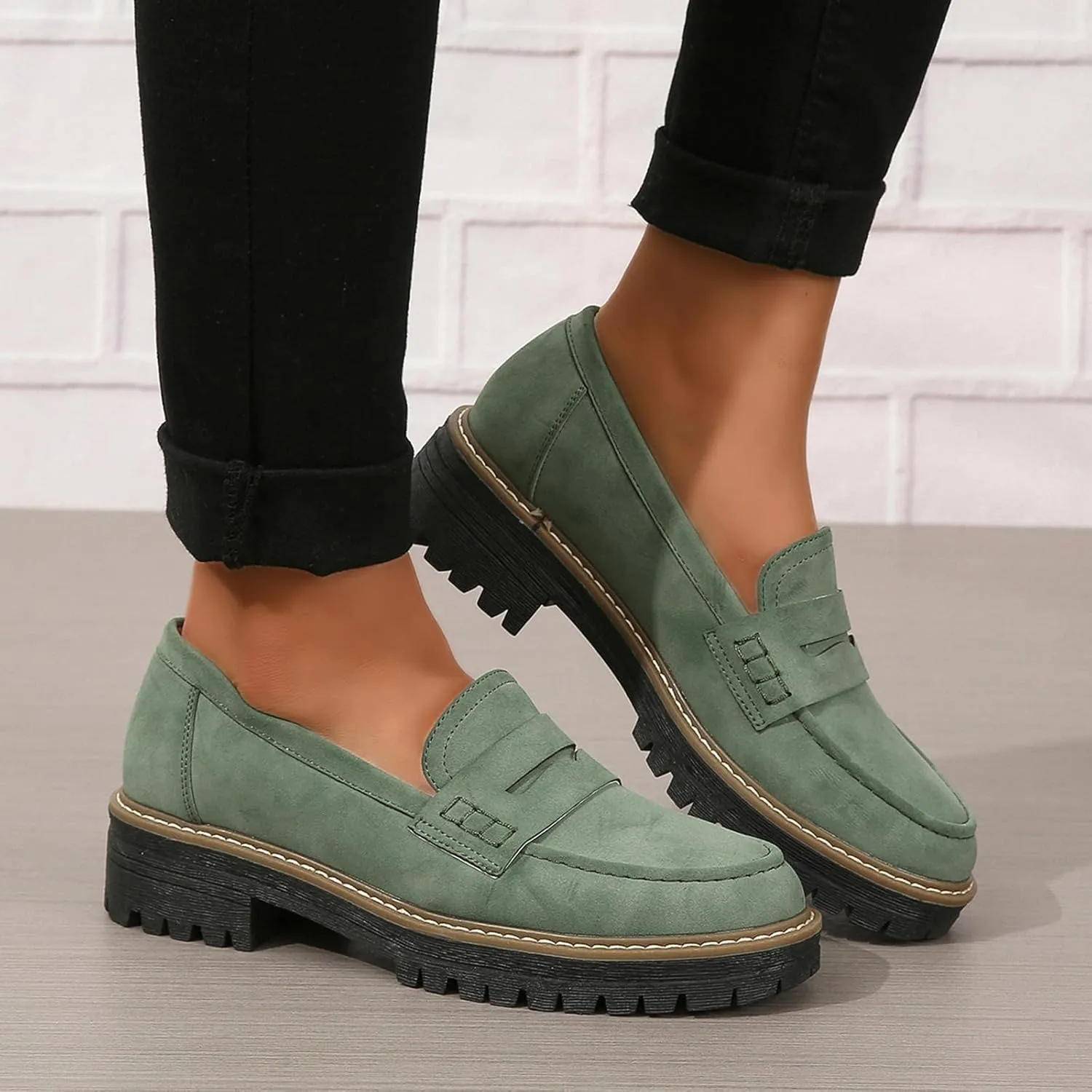 Womens Loafers Slip On Casual Chunky Platform Heel Loafers Classic Penny Dressy Comfy Business Work Shoes Green Beige Black Red US5-11