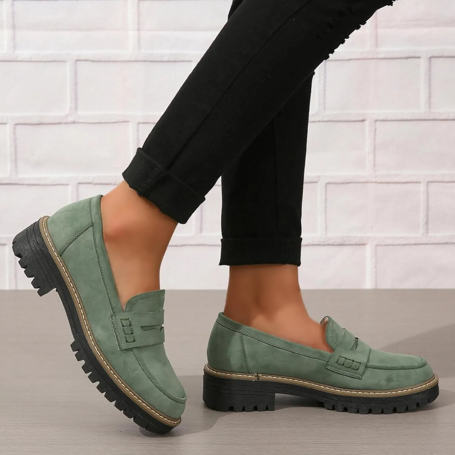 Womens Loafers Slip On Casual Chunky Platform Heel Loafers Classic Penny Dressy Comfy Business Work Shoes Green Beige Black Red US5-11