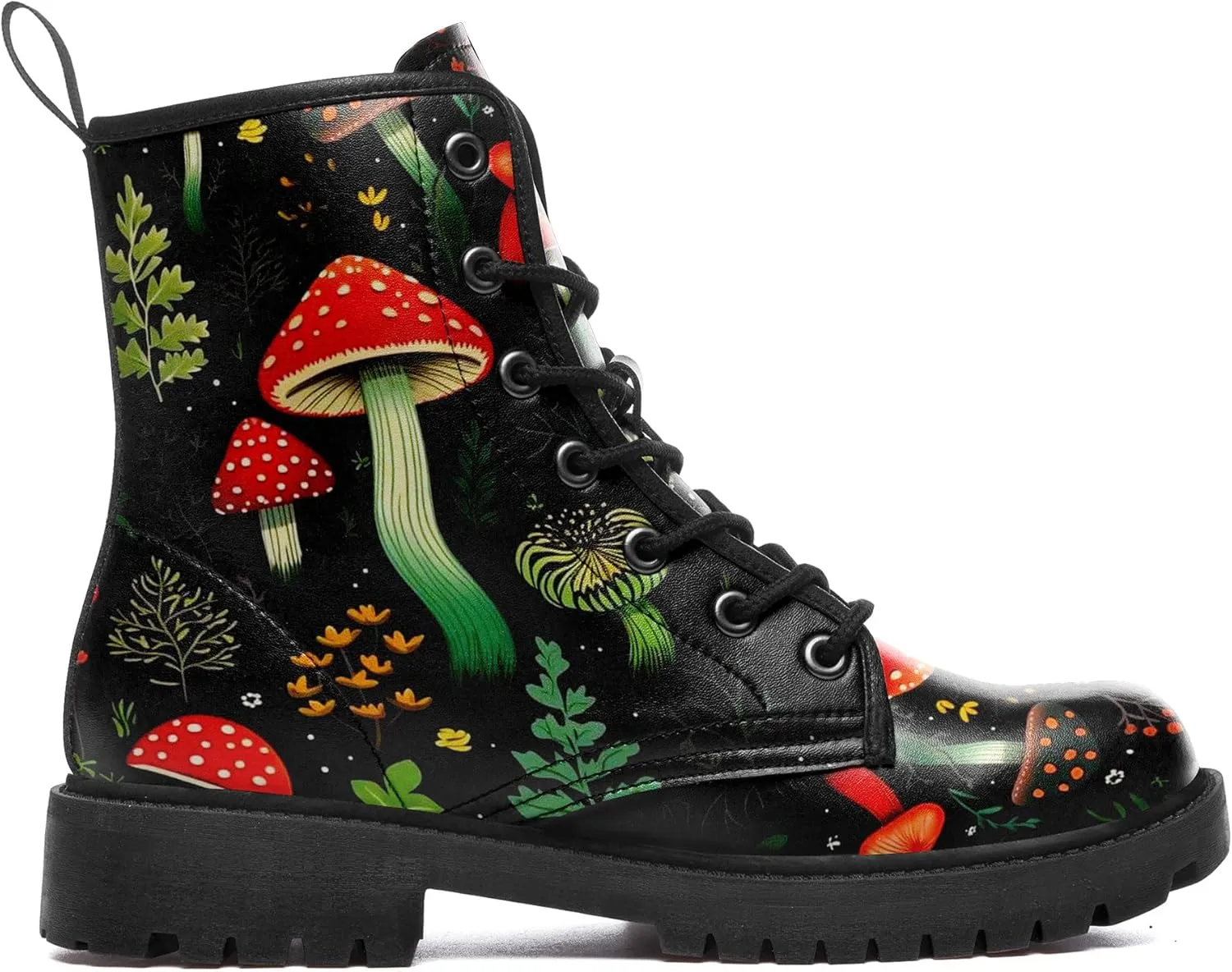 Women's Mid-Calf Combat Boots Leather Lace-Up Booties with Artistic Mushroom and Floral Patterns for Hiking,Daily Wear