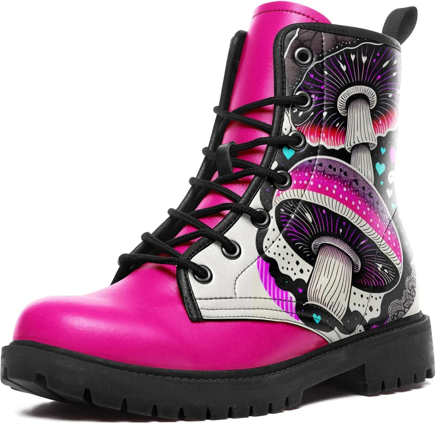 Women's Mid-Calf Combat Boots Leather Lace-Up Booties with Artistic Mushroom and Floral Patterns for Hiking,Daily Wear