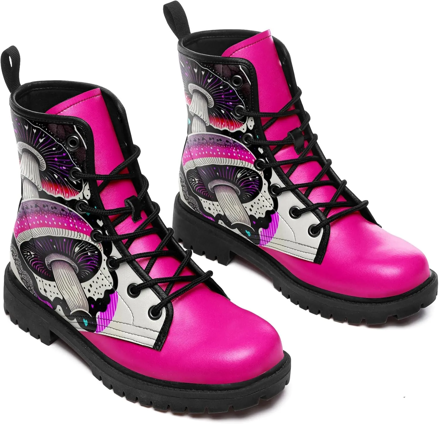Women's Mid-Calf Combat Boots Leather Lace-Up Booties with Artistic Mushroom and Floral Patterns for Hiking,Daily Wear