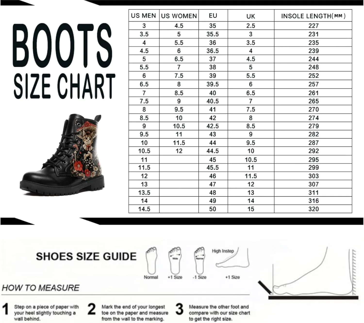 Women's Mid-Calf Combat Boots Leather Lace-Up Booties with Artistic Mushroom and Floral Patterns for Hiking,Daily Wear